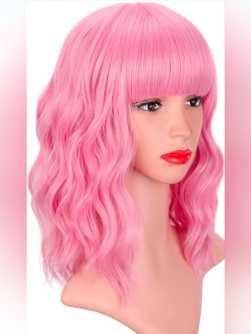 14 Inch Pink Wavy Synthetic Hair Wig with Bangs